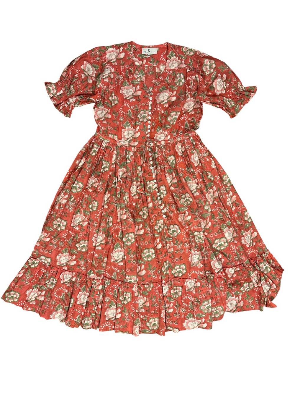 The Fox &the Mermaid Venice Floral Boho Midi Dress coral cotton peasant prairie - Picture 3 of 13